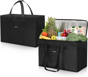 2-Pack Heavy-Duty Insulated Grocery Bags & Food Delivery Bag – Collapsible Cooler Bag with Zippered Top | Reusable Shopping Bags for Groceries, Picnics, Easy Storage(XXL Black)