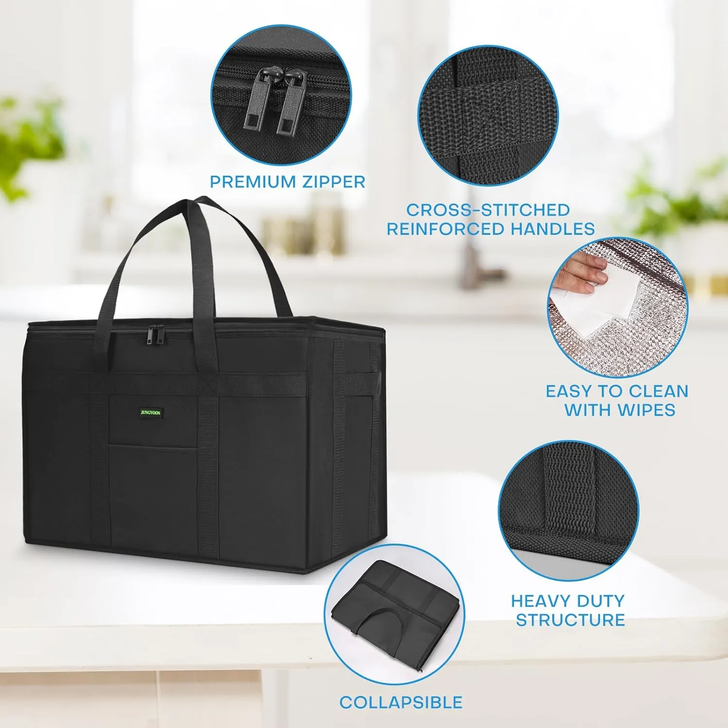 2-Pack Heavy-Duty Insulated Grocery Bags & Food Delivery Bag – Collapsible Cooler Bag with Zippered Top | Reusable Shopping Bags for Groceries, Picnics, Easy Storage(XXL Black)