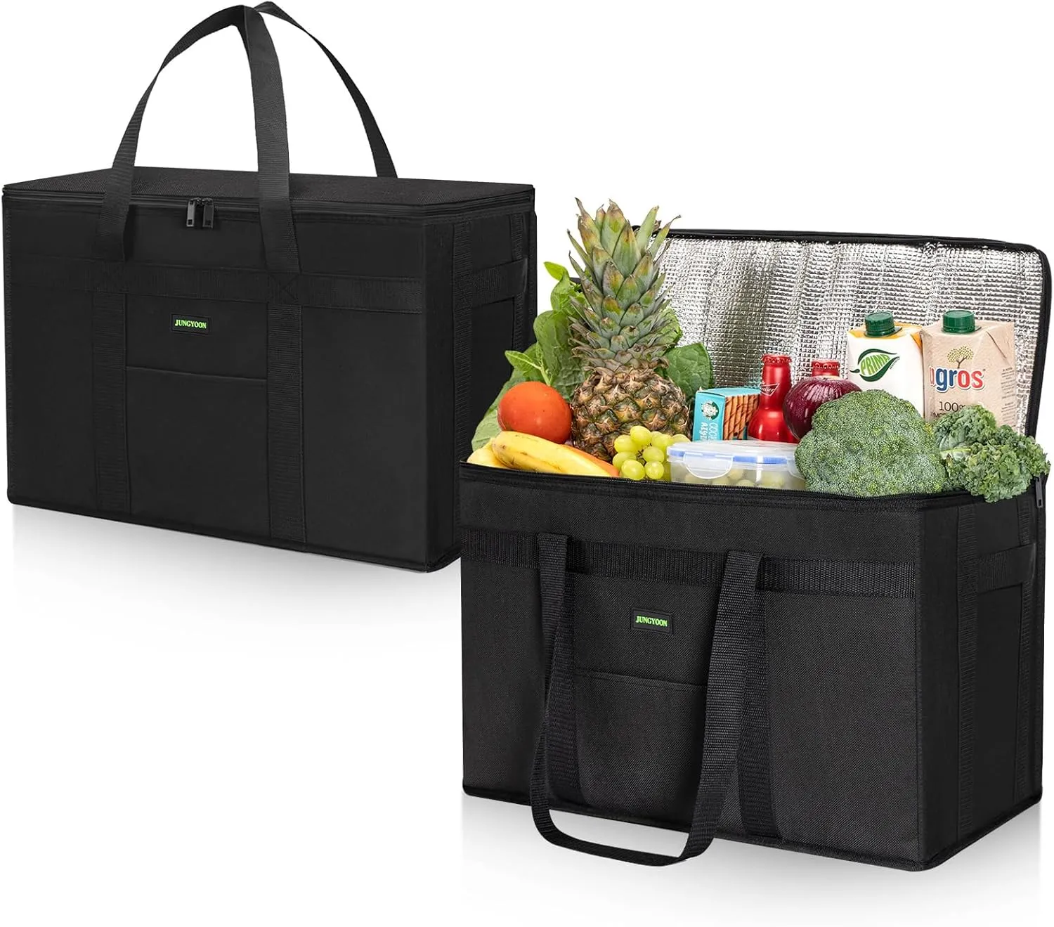 2-Pack Heavy-Duty Insulated Grocery Bags & Food Delivery Bag – Collapsible Cooler Bag with Zippered Top | Reusable Shopping Bags for Groceries, Picnics, Easy Storage(XXL Black)