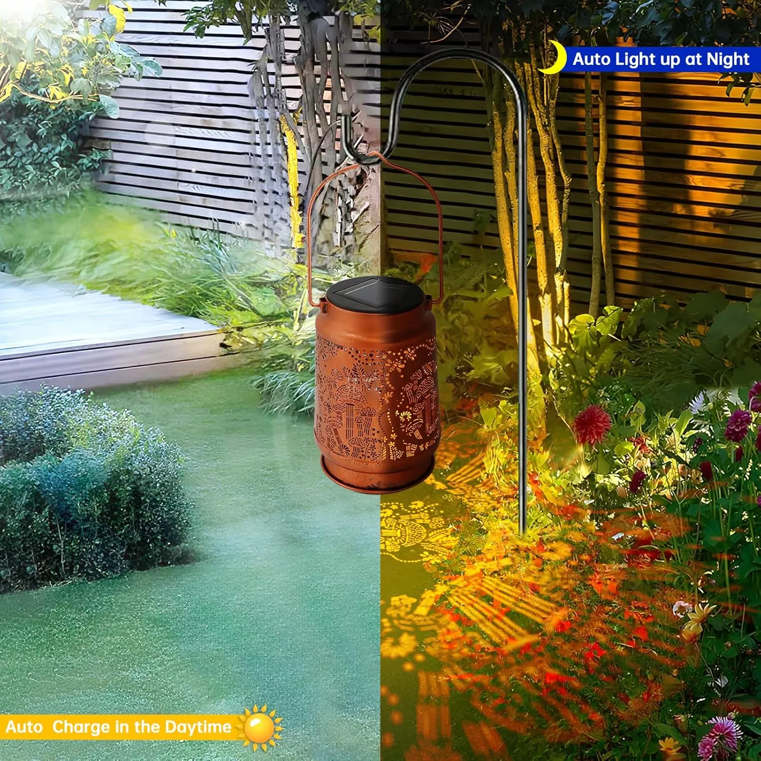 2 Pack Solar Lanterns - Waterproof Metal Hanging Solar Lights Outdoor Decorative, Solar Powered LED Lamp for Patio Tabletop Porch Deck Yard Garden Decor for Outside (2Pack Mushroom Lantern)