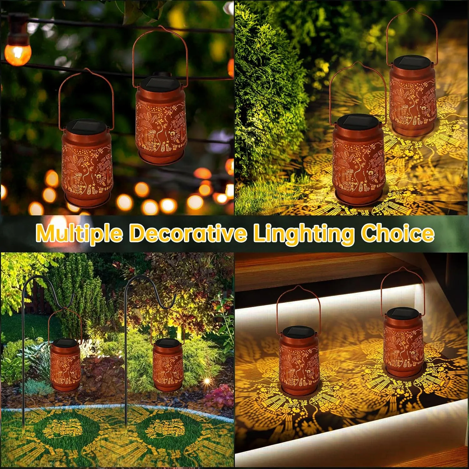 2 Pack Solar Lanterns - Waterproof Metal Hanging Solar Lights Outdoor Decorative, Solar Powered LED Lamp for Patio Tabletop Porch Deck Yard Garden Decor for Outside (2Pack Mushroom Lantern)
