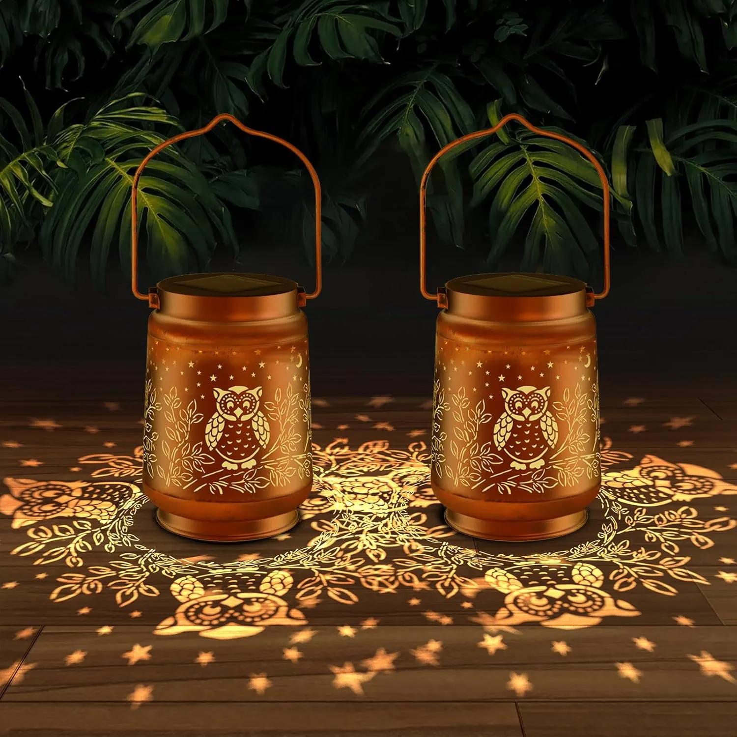 2 Pack Solar Lanterns - Waterproof Metal Hanging Solar Lights Outdoor Decorative, Solar Powered LED Lamp for Patio Tabletop Porch Deck Yard Garden Decor for Outside (2Pack Owl Lanterns)