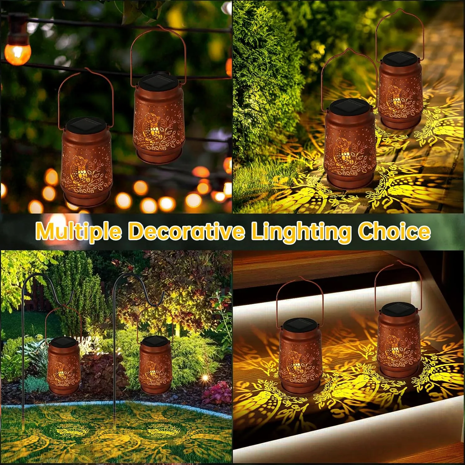 2 Pack Solar Lanterns - Waterproof Metal Hanging Solar Lights Outdoor Decorative, Solar Powered LED Lamp for Patio Tabletop Porch Deck Yard Garden Decor for Outside (2Pack Owl Lanterns)