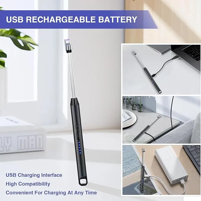 2 PCS Candle Lighter, Electric Lighter Arc Windproof Flameless with 360° Flexible Neck & LED Power Display,USB Rechargeable Lighter for BBQ, Grill, Camping, Fireplace, Stove