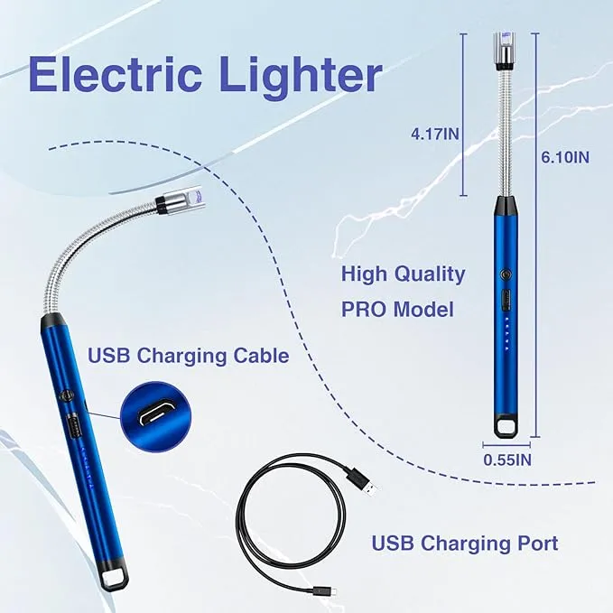 2 PCS Candle Lighter, Electric Lighter Arc Windproof Flameless with 360° Flexible Neck & LED Power Display,USB Rechargeable Lighter for BBQ, Grill, Camping, Fireplace, Stove(Blue)