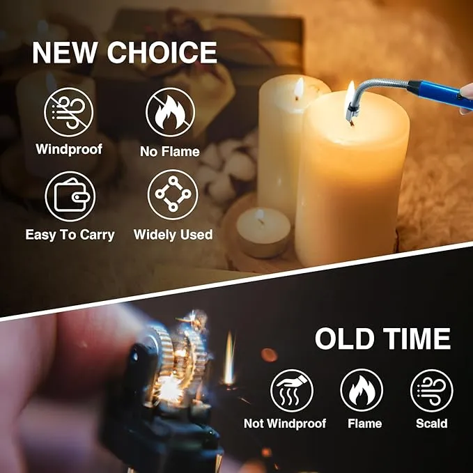 2 PCS Candle Lighter, Electric Lighter Arc Windproof Flameless with 360° Flexible Neck & LED Power Display,USB Rechargeable Lighter for BBQ, Grill, Camping, Fireplace, Stove(Blue)