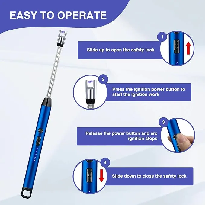 2 PCS Candle Lighter, Electric Lighter Arc Windproof Flameless with 360° Flexible Neck & LED Power Display,USB Rechargeable Lighter for BBQ, Grill, Camping, Fireplace, Stove(Blue)