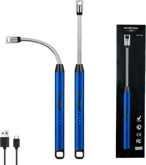 2 PCS Candle Lighter, Electric Lighter Arc Windproof Flameless with 360° Flexible Neck & LED Power Display,USB Rechargeable Lighter for BBQ, Grill, Camping, Fireplace, Stove(Blue)