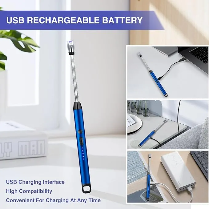 2 PCS Candle Lighter, Electric Lighter Arc Windproof Flameless with 360° Flexible Neck & LED Power Display,USB Rechargeable Lighter for BBQ, Grill, Camping, Fireplace, Stove(Blue)