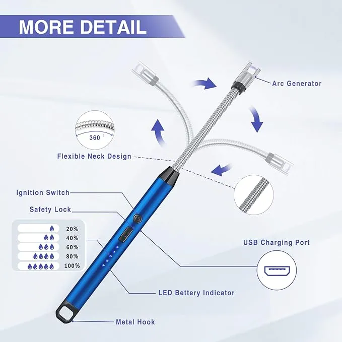 2 PCS Candle Lighter, Electric Lighter Arc Windproof Flameless with 360° Flexible Neck & LED Power Display,USB Rechargeable Lighter for BBQ, Grill, Camping, Fireplace, Stove(Blue)