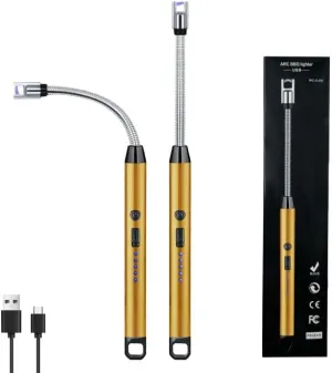 2 PCS Candle Lighter, Electric Lighter Arc Windproof Flameless with 360° Flexible Neck & LED Power Display,USB Rechargeable Lighter for BBQ, Grill, Camping, Fireplace, Stove(Gold)