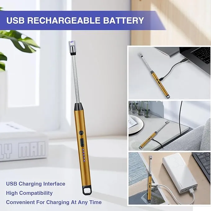 2 PCS Candle Lighter, Electric Lighter Arc Windproof Flameless with 360° Flexible Neck & LED Power Display,USB Rechargeable Lighter for BBQ, Grill, Camping, Fireplace, Stove(Gold)