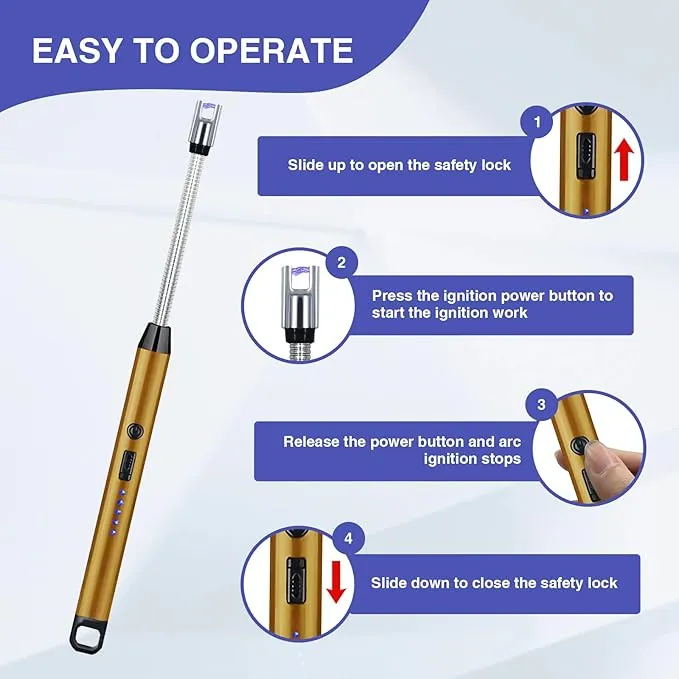 2 PCS Candle Lighter, Electric Lighter Arc Windproof Flameless with 360° Flexible Neck & LED Power Display,USB Rechargeable Lighter for BBQ, Grill, Camping, Fireplace, Stove(Gold)