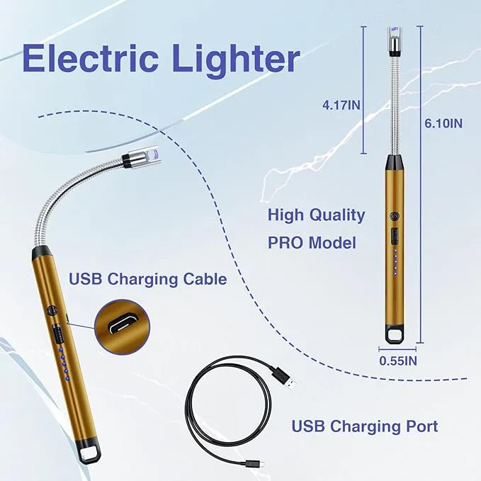 2 PCS Candle Lighter, Electric Lighter Arc Windproof Flameless with 360° Flexible Neck & LED Power Display,USB Rechargeable Lighter for BBQ, Grill, Camping, Fireplace, Stove(Gold)