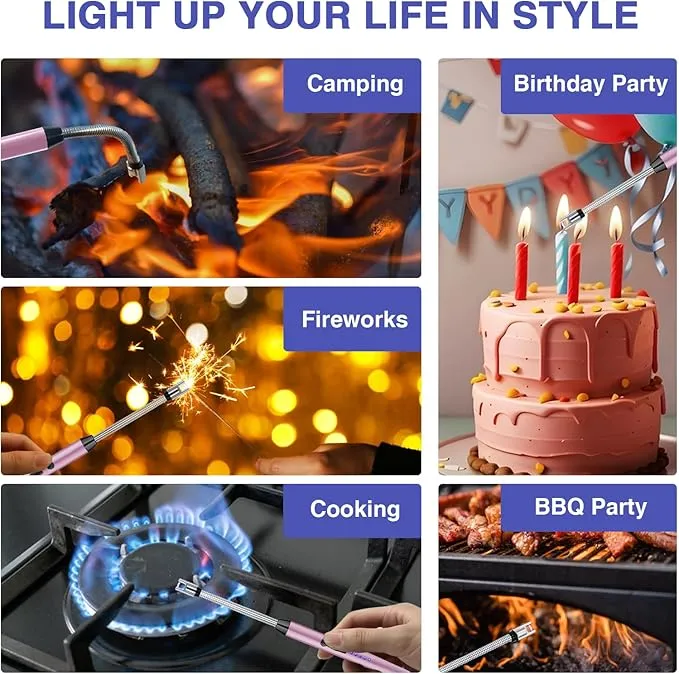 2 PCS Candle Lighter, Electric Lighter Arc Windproof Flameless with 360° Flexible Neck & LED Power Display,USB Rechargeable Lighter for BBQ, Grill, Camping, Fireplace, Stove(Pink)