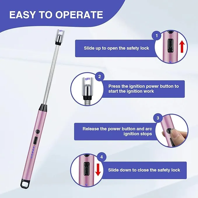 2 PCS Candle Lighter, Electric Lighter Arc Windproof Flameless with 360° Flexible Neck & LED Power Display,USB Rechargeable Lighter for BBQ, Grill, Camping, Fireplace, Stove(Pink)