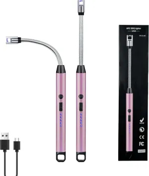2 PCS Candle Lighter, Electric Lighter Arc Windproof Flameless with 360° Flexible Neck & LED Power Display,USB Rechargeable Lighter for BBQ, Grill, Camping, Fireplace, Stove(Pink)