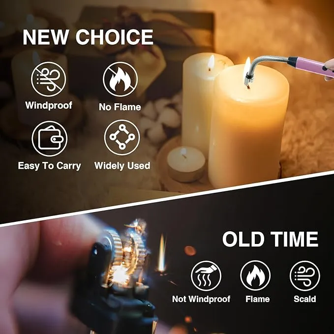 2 PCS Candle Lighter, Electric Lighter Arc Windproof Flameless with 360° Flexible Neck & LED Power Display,USB Rechargeable Lighter for BBQ, Grill, Camping, Fireplace, Stove(Pink)