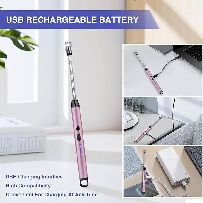 2 PCS Candle Lighter, Electric Lighter Arc Windproof Flameless with 360° Flexible Neck & LED Power Display,USB Rechargeable Lighter for BBQ, Grill, Camping, Fireplace, Stove(Pink)