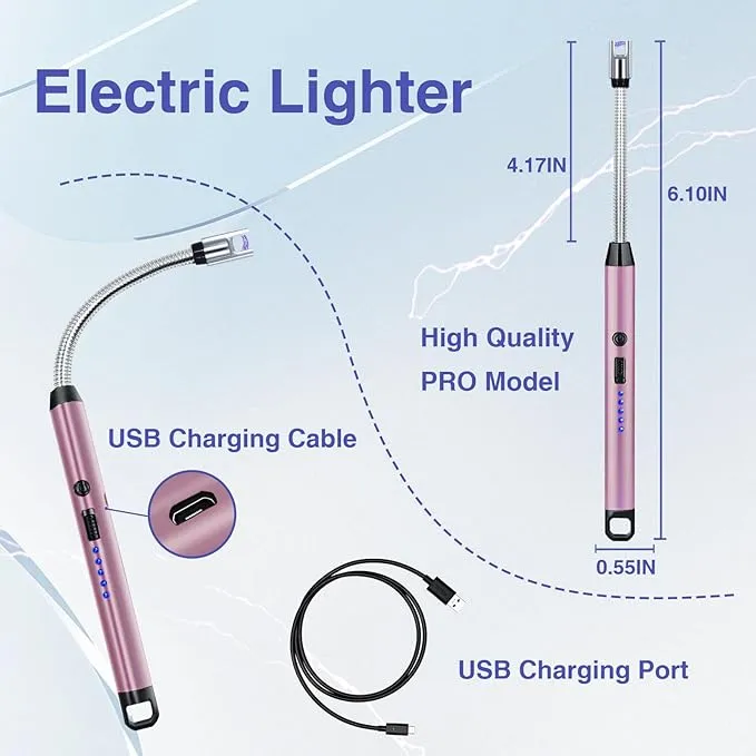 2 PCS Candle Lighter, Electric Lighter Arc Windproof Flameless with 360° Flexible Neck & LED Power Display,USB Rechargeable Lighter for BBQ, Grill, Camping, Fireplace, Stove(Pink)