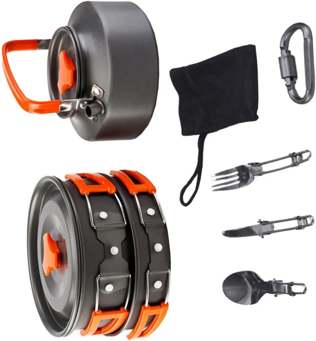 2-Person Camping Cookware Set Portable Cooking Pan Bowl Utensils Teapot Cooking Supplies for Outdoor Hiking Backpacking