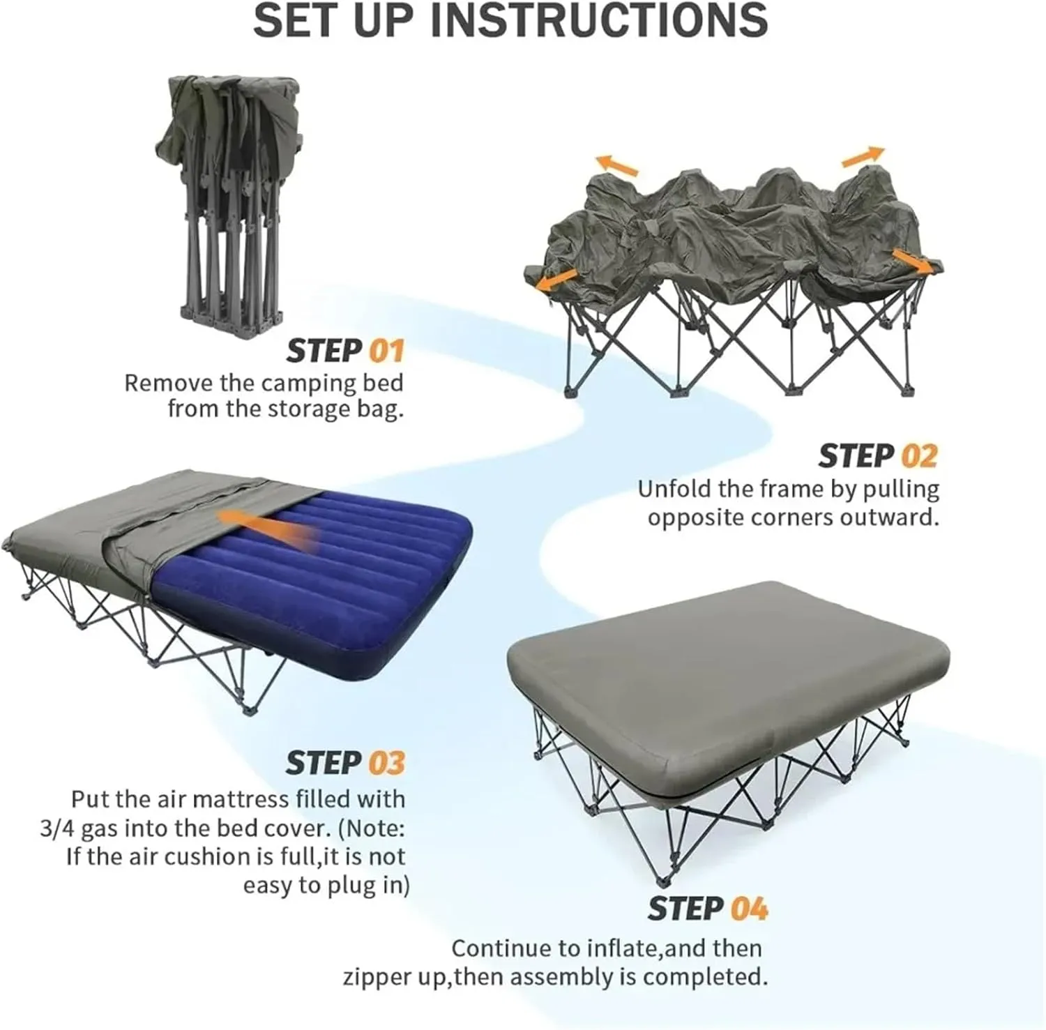 2 Person Camping Cot, Folding Camping Bed with Inflatable Air Mattress and Carry Bag (not Included The Airpump)(Grey-Twin)