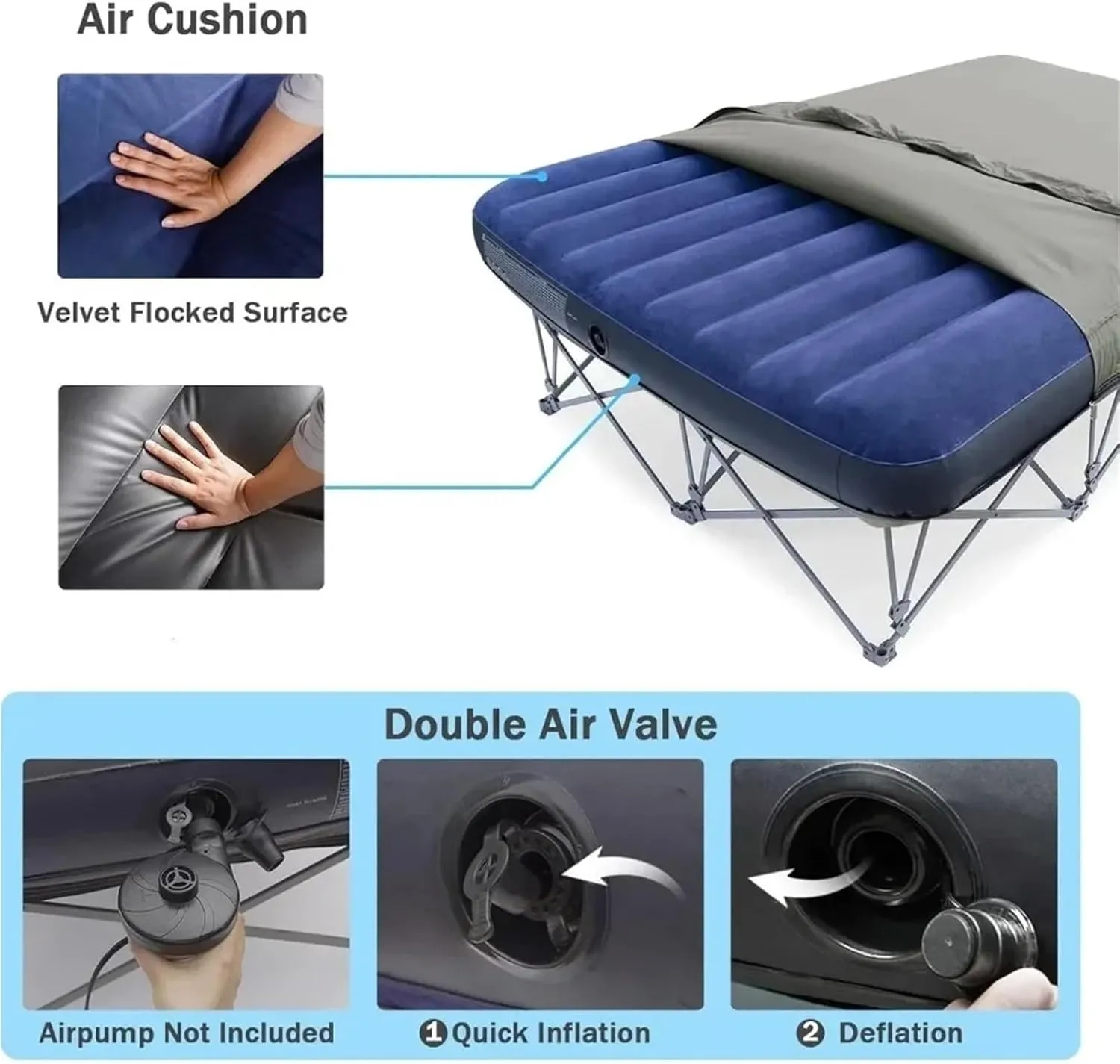 2 Person Camping Cot, Folding Camping Bed with Inflatable Air Mattress and Carry Bag (not Included The Airpump)(Grey-Twin)