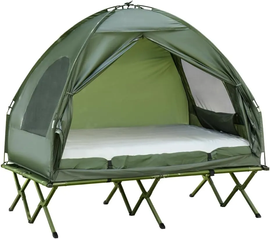 2 Person Foldable Camping Cot with Tent, Bedspread and Thick Air Mattress, 4-in-1 Elevated Camping Bed Tent for Outdoor Hiking, Picnic, Travel