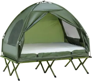 2 Person Foldable Camping Cot with Tent, Bedspread and Thick Air Mattress, 4-in-1 Elevated Camping Bed Tent for Outdoor Hiking, Picnic, Travel