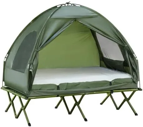 2 Person Foldable Camping Cot with Tent Bedspread and Thick Air Mattress 4-in-1 Elevated Camping Bed Tent for Outdoor Hiking Picnic Travel