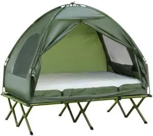 2 Person Foldable Camping Cot with Tent Bedspread and Thick Air Mattress 4-in-1 Elevated Camping Bed Tent for Outdoor Hiking Picnic Travel