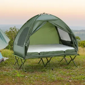 2 Person Foldable Camping Cot with Tent, Bedspread and Thick Air Mattress, 4-in-1 Elevated Camping Bed Tent for Outdoor Hiking, Travel, Picnic