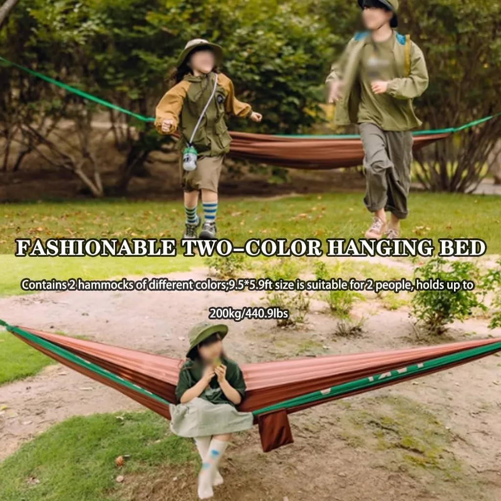 2-Piece Camping Hammock, Outdoor Anti-Rollover Double Hanging Bed, Two-Color Splicing Appearance, Load Bearing 200kg/440.9lbs