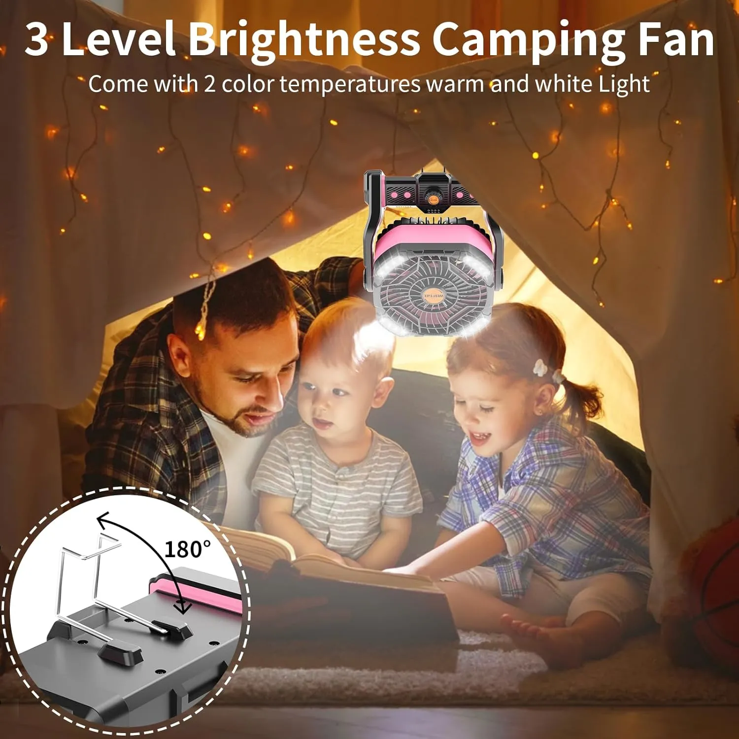20000mAh Battery powered fan Camping essentials,Portable fan Battery Operated Rechargeable Tent Fan with Light & Hook X26A Pink