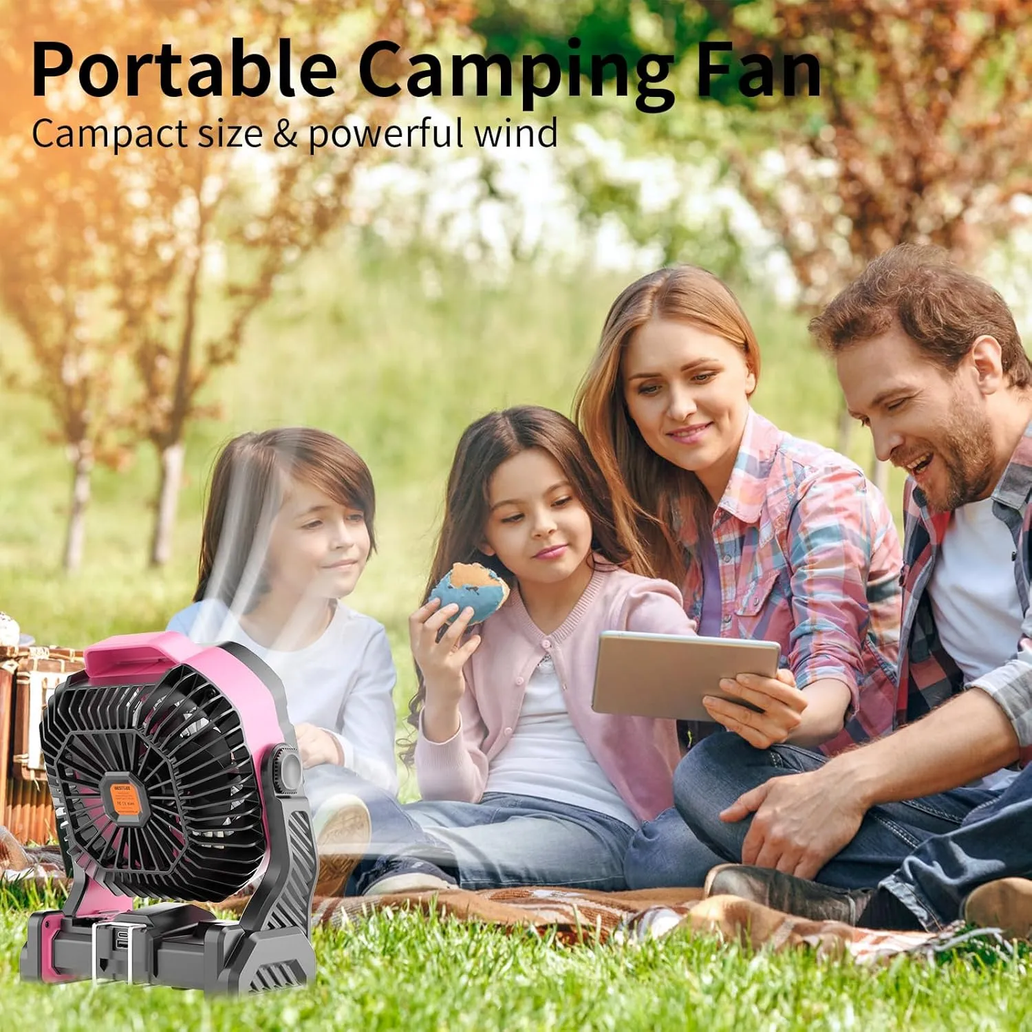 20000mAh Battery powered fan Camping essentials,Portable fan Battery Operated Rechargeable Tent Fan with Light & Hook X26A Pink