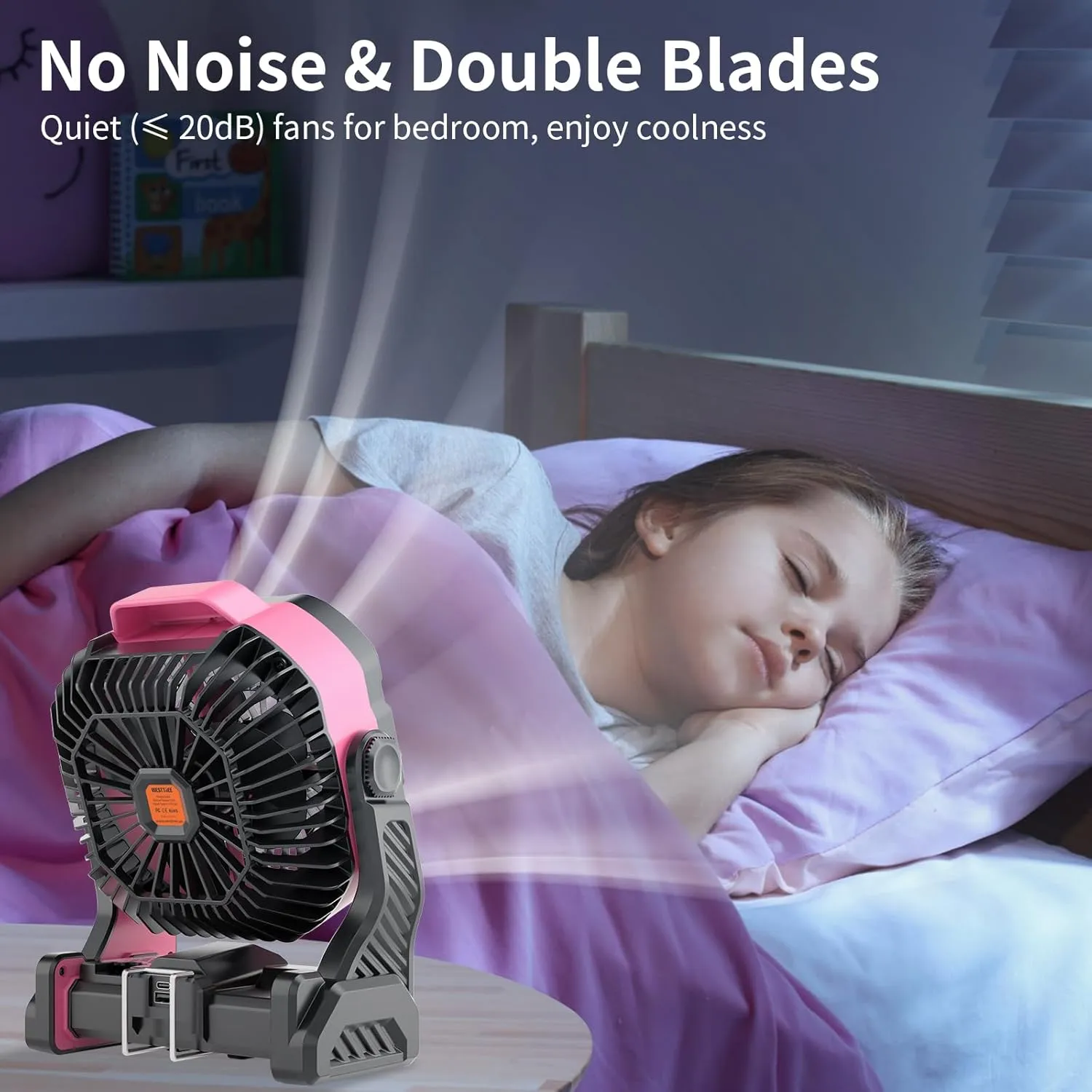 20000mAh Battery powered fan Camping essentials,Portable fan Battery Operated Rechargeable Tent Fan with Light & Hook X26A Pink