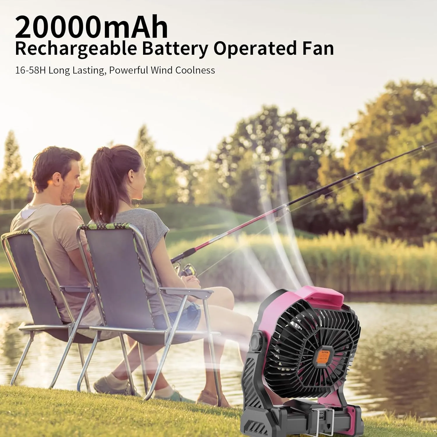 20000mAh Battery powered fan Camping essentials,Portable fan Battery Operated Rechargeable Tent Fan with Light & Hook X26A Pink