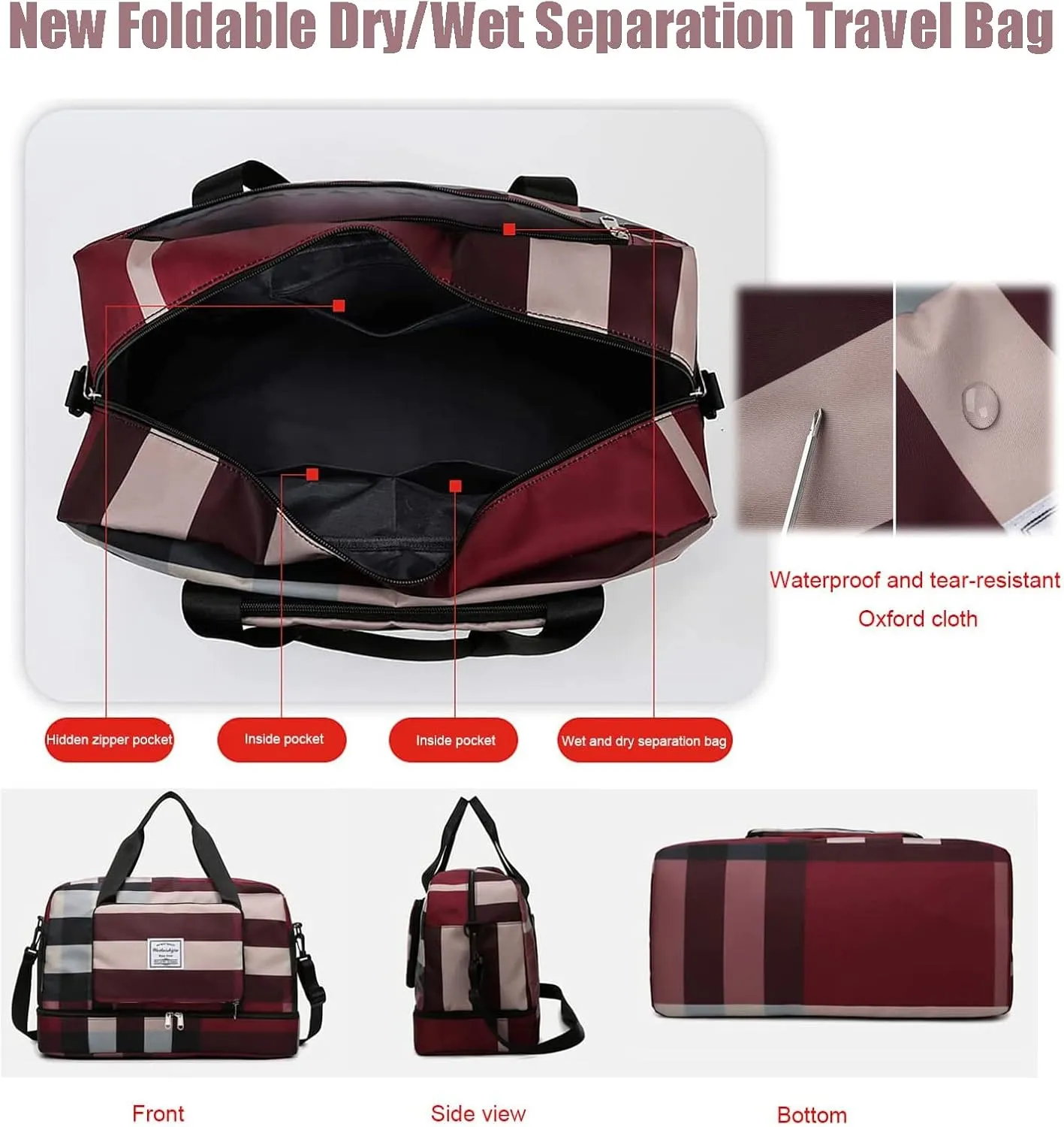 2022 New Foldable Dry/Wet Separation Travel Bag, Large Capacity Folding Travel Bag, Lightweight Waterproof Foldable Travel Duffel Bag, for Sports, Camping (Black)