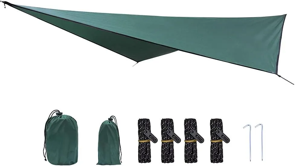 210T Polyester Fabric Portable Multifunctional Outdoor Camping Tent Travel Backpacking Awning Awning Waterproof Suitable for Hammock or Camping Equipment Lightweight Easy (Dark Green)