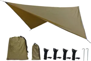 210T Polyester Fabric Portable Multifunctional Outdoor Camping Tent Travel Backpacking Awning Awning Waterproof Suitable for Hammock or Camping Equipment Lightweight Easy (Light Tan)
