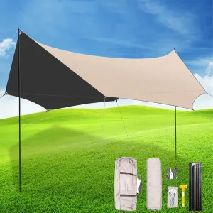 220x177inch Tarp with 3 Poles, Waterproof Portable Camping Shade Sun Shelter Camping, Hiking, Backpacking, Garden and Traveling.(Rice-White,220x173x102inch)
