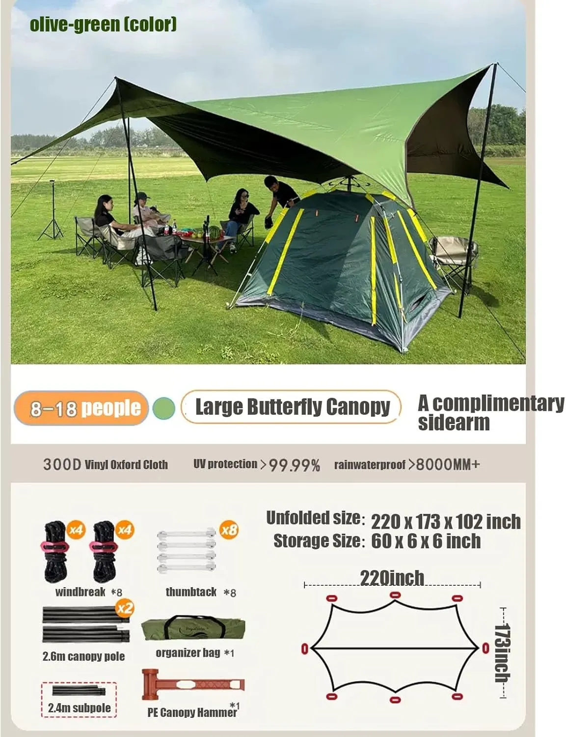220x177inch Waterproof Portable Tarp Multifunctional with Poles Outdoor Camping Traveling Awning Backpacking Tarp Shelter Rain Tarp(Olive Green,220x173x102inch)