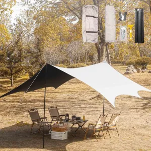220x177inch Waterproof Portable Tarp Multifunctional with Poles Outdoor Camping Traveling Awning Backpacking Tarp Shelter Rain Tarp(Rice-White,177x173x102inch)