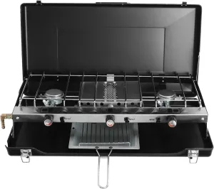 3 Burners Camping Stove Outdoor Gas Cooking Stove Portable Camp Grill for Hiking Picnics Barbecue Parties, 1.5KW Each Burner, 22.2x11.8x13.4in