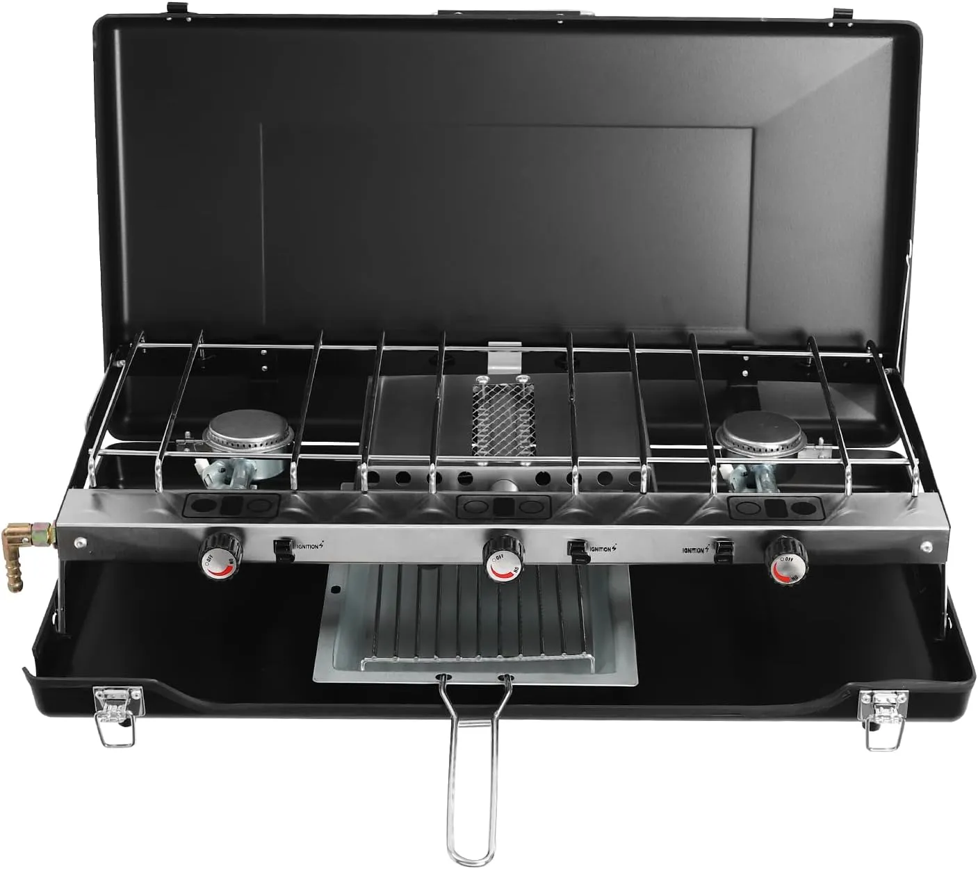 3 Burners Camping Stove Outdoor Gas Cooking Stove Portable Camp Grill for Hiking Picnics Barbecue Parties, 1.5KW Each Burner, 22.2x11.8x13.4in