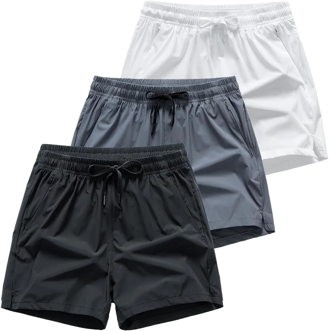 3 Set Men's Workout Athletic Shorts Lightweight Moisture Wicking 3" Running Shorts with Zipper Pockets Gym Beach
