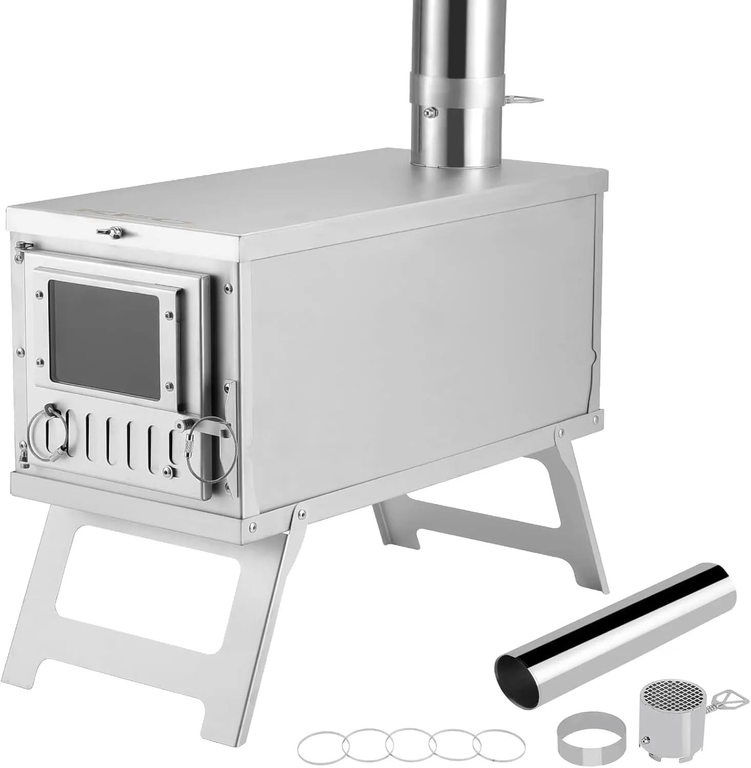 304 Stainless Steel Camping Tent Stove, Ultralight Foldable Portable Wood Burning Stove with Chimney Pipes and Rotary Damper, Tent Heaters Stove for Camping Heating and Cooking