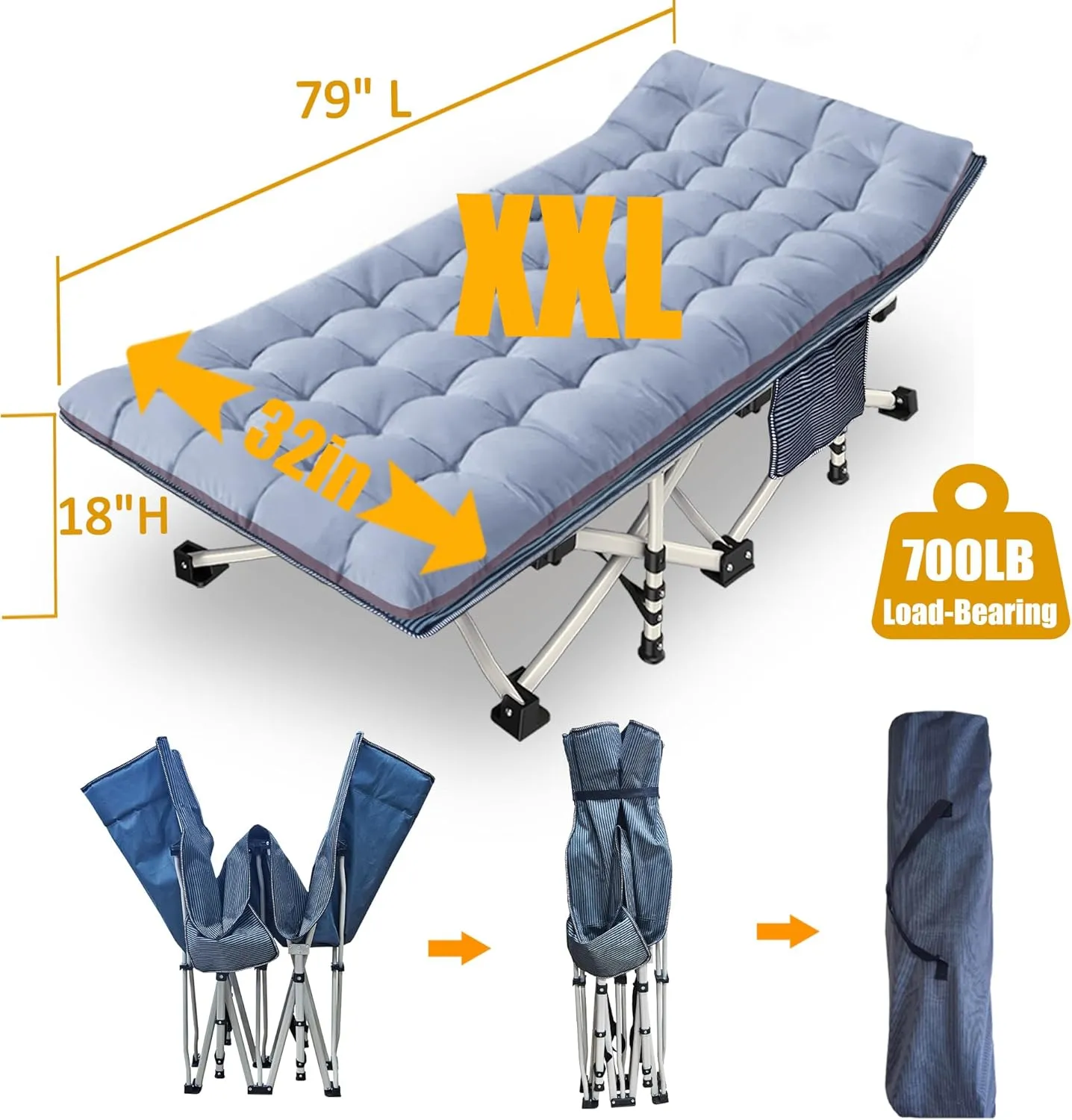 32" Wide Oversize XXL Camping Cot with Mattress Comfortable for Adults Extra Wide Cots for Sleeping Camping Bed Folding Cot Heavy Duty with Carry Bag for Home Office Outdoor Indoor