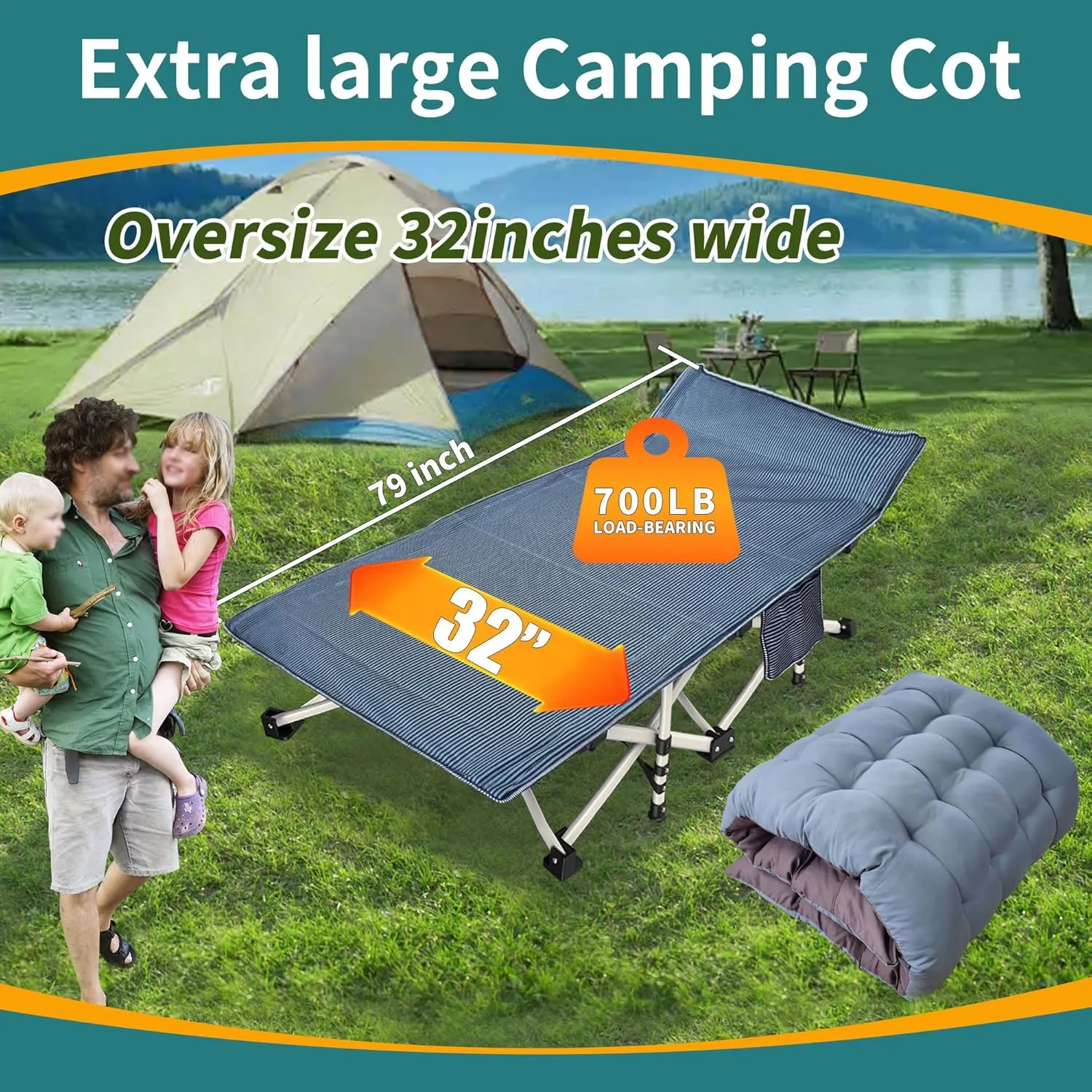 32" Wide Oversize XXL Camping Cot with Mattress Comfortable for Adults Extra Wide Cots for Sleeping Camping Bed Folding Cot Heavy Duty with Carry Bag for Home Office Outdoor Indoor
