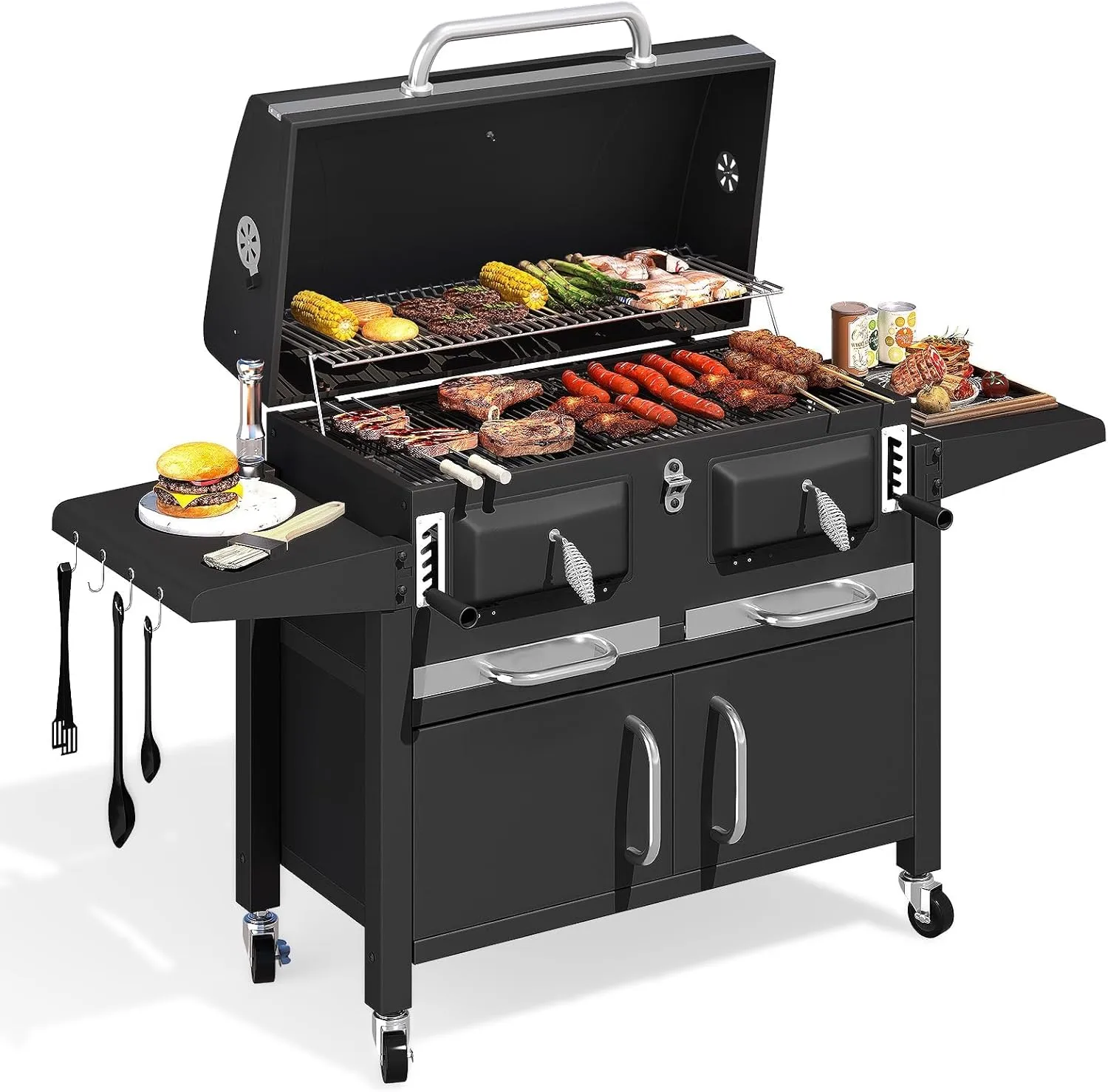 36 In Extra Large Charcoal Grill - 620 Sq.In Oversized BBQ Area with Foldable Side Tables & Individual Lifting Charcoal Trays, Storage Cabinet and Thermometer for Outdoor